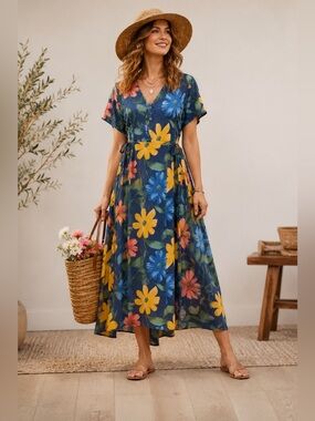 ⭐ 100% Rayon Floral Maxi Dress Tie Waist Cottagecore Garden Party Size L